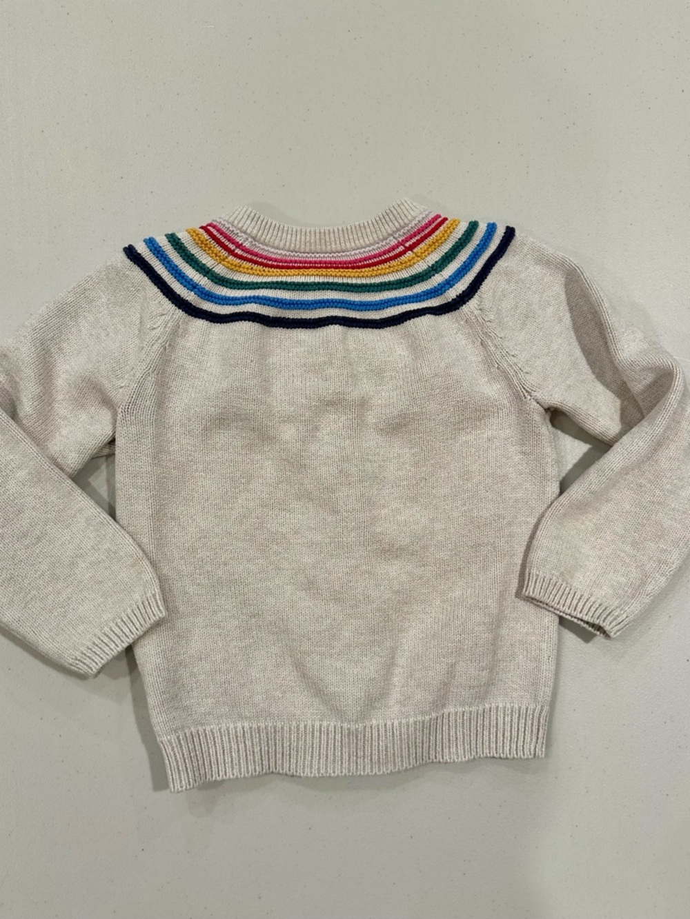 Hanna Andersson Girls Oatmeal Cardigan with Rainbow Embroidery Around the Collar - Picture 3 of 3
